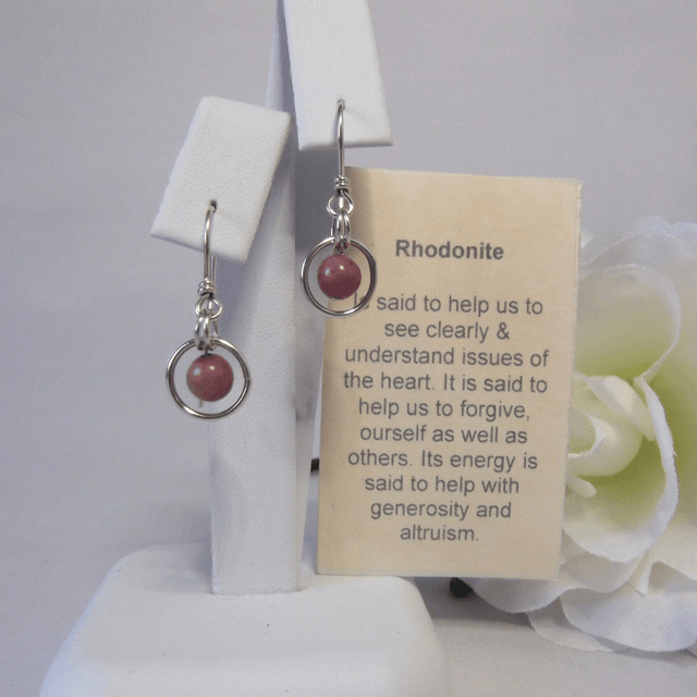 Rhodonite gemstone dangle earrings with bead in a ring of recycled silver