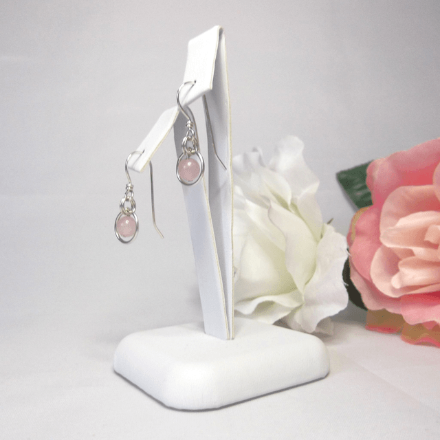 Rose quartz gemstone dangle earrings with bead in a ring of recycled silver