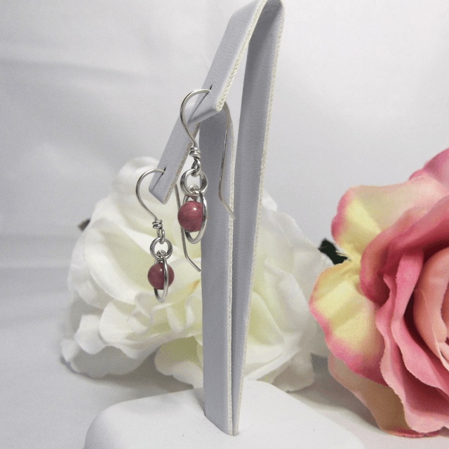 Rhodonite gemstone dangle earrings with bead in a ring of recycled silver