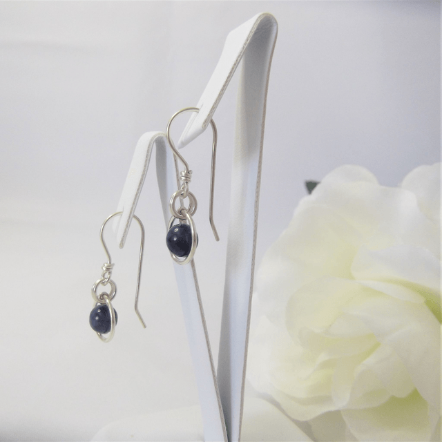 Sodalite gemstone dangle earrings with bead in a ring of recycled silver
