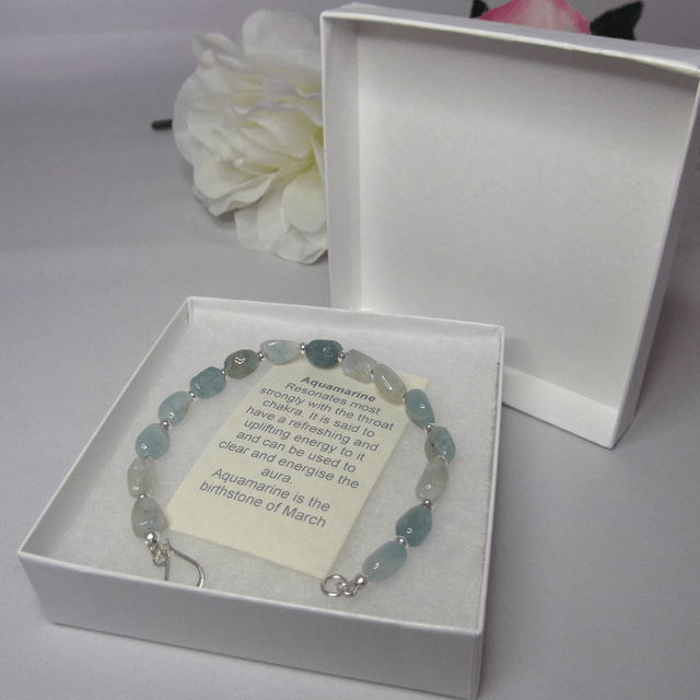 Aquamarine gemstone bead bracelet with small recycled silver spacer beads
