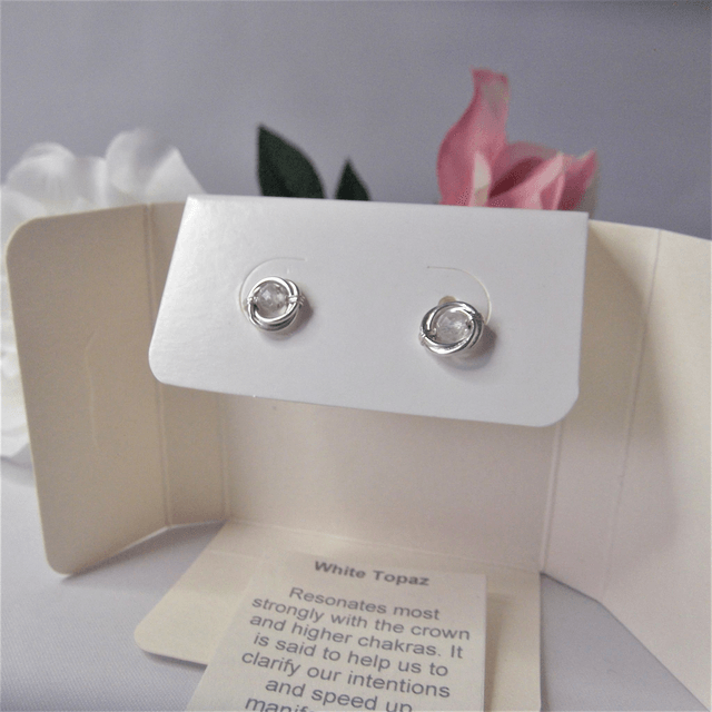 White topaz gemstone Russian wedding ring style stud earrings with recycled silver