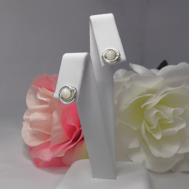 Mother of Pearl gemstone Russian wedding ring style stud earrings with recycled silver 