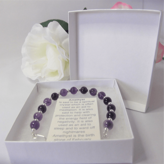 Amethyst gemstone and sterling silver bead bracelet recycled silver clasp