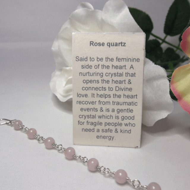Rose quartz gemstone bead bracelet with recycled sterling silver wire wrapped links