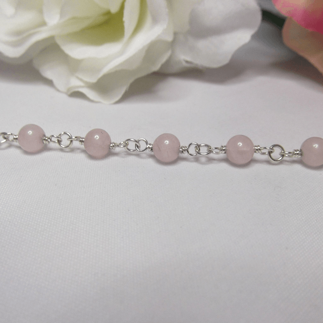 Rose quartz gemstone bead bracelet with recycled sterling silver wire wrapped links