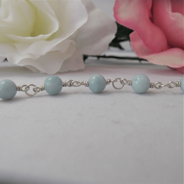 Amazonite gemstone bead bracelet with recycled silver wire wrapped links 