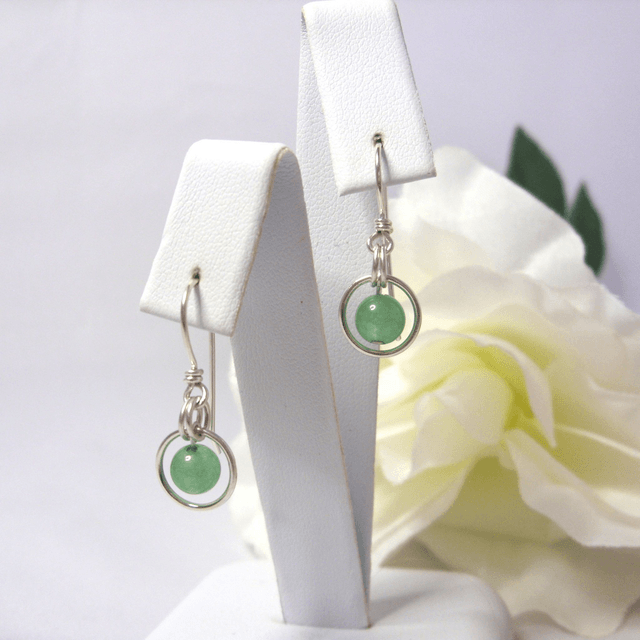 Green Aventurine gemstone dangle earrings with bead in a ring of recycled silver