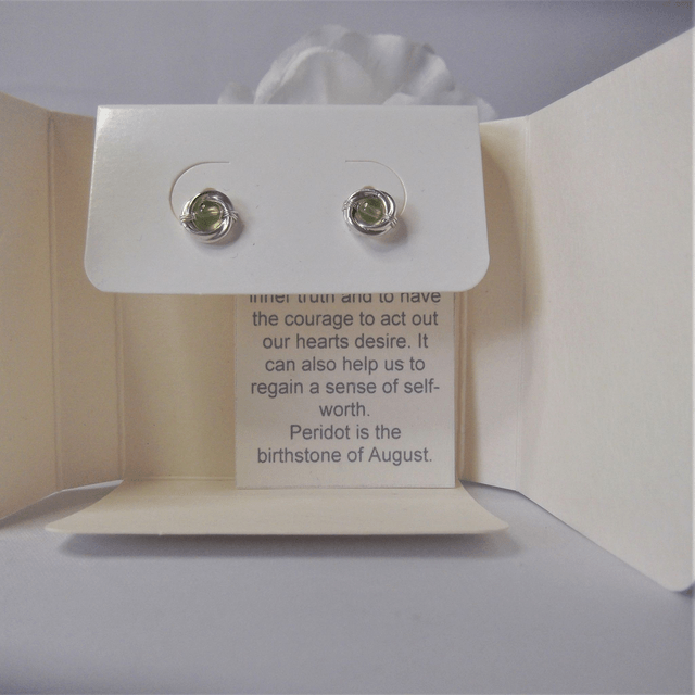 Peridot gemstone Russian wedding ring style stud earrings with recycled silver 