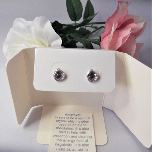 Amethyst gemstone Russian wedding ring style stud earrings with recycled silver 