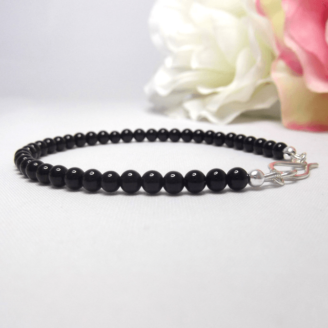 Black Agate gemstone bracelet of small round beads with recycled sterling silver clasp