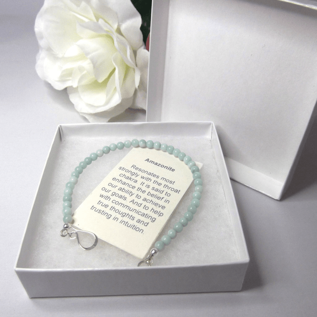 Amazonite gemstone bracelet of small round beads with recycled sterling silver clasp