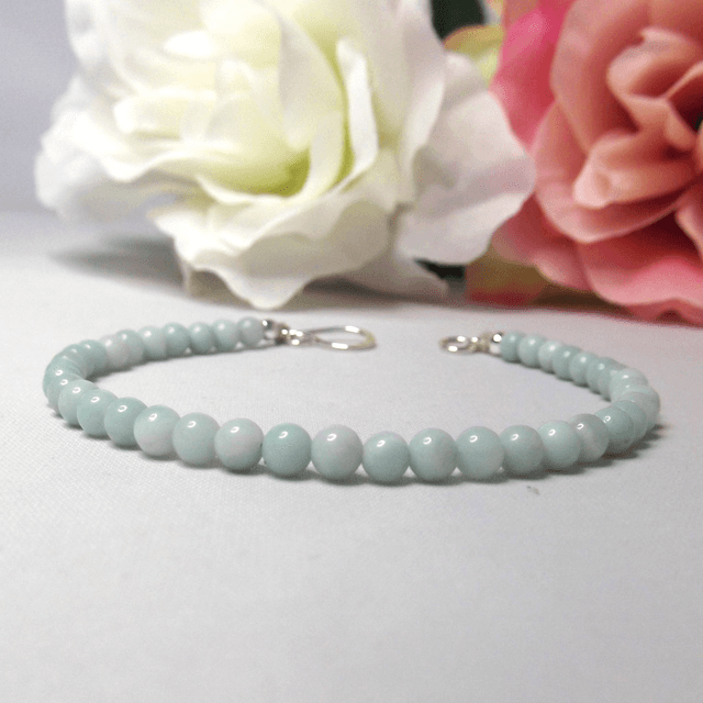 Amazonite gemstone bracelet of small round beads with recycled sterling silver clasp