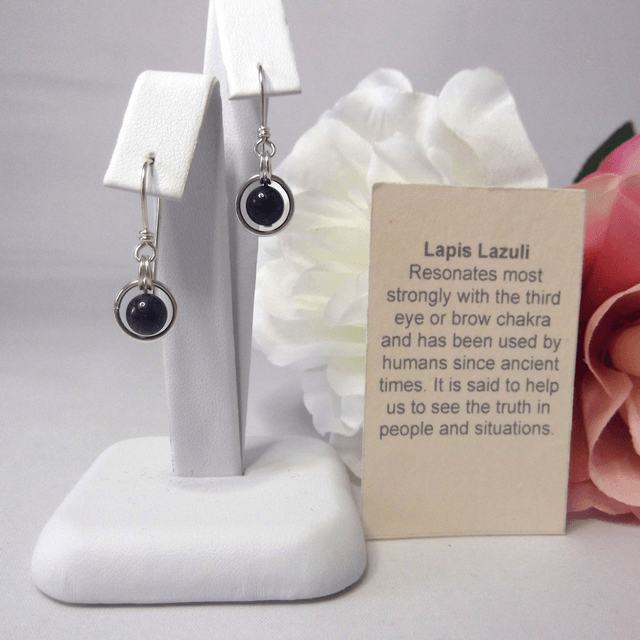 Lapis Lazuli gemstone dangle earrings with bead in a ring of recycled silver