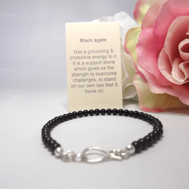 Black Agate gemstone bracelet of small round beads with recycled sterling silver clasp