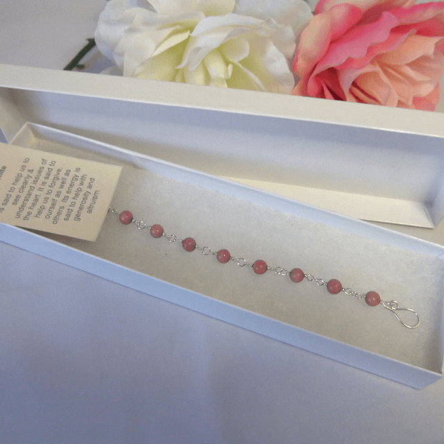 Rhodonite gemstone bead bracelet with recycled silver wire wrapped links