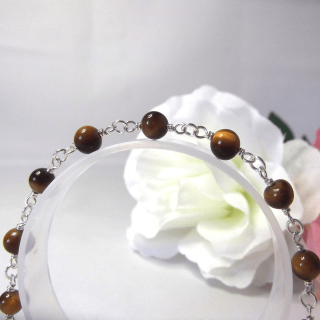 Golden Tigers eye gemstone bead bracelet with recycled silver wire wrapped links