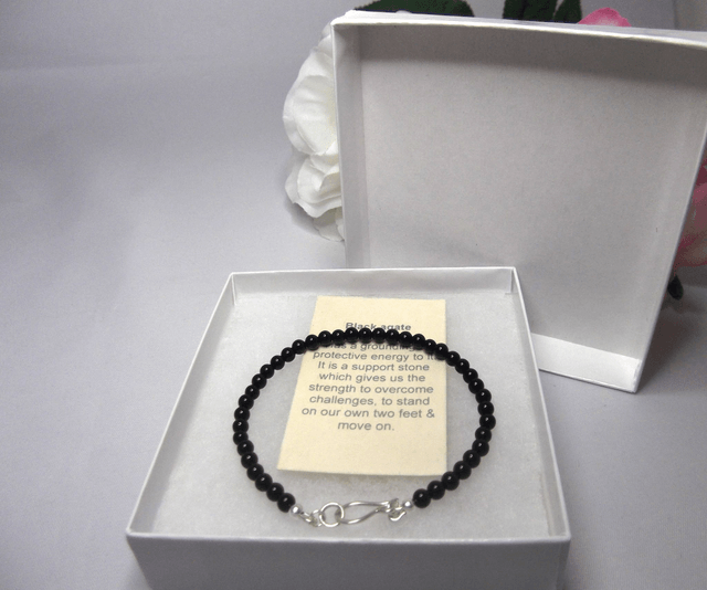Black Agate gemstone bracelet of small round beads with recycled sterling silver clasp