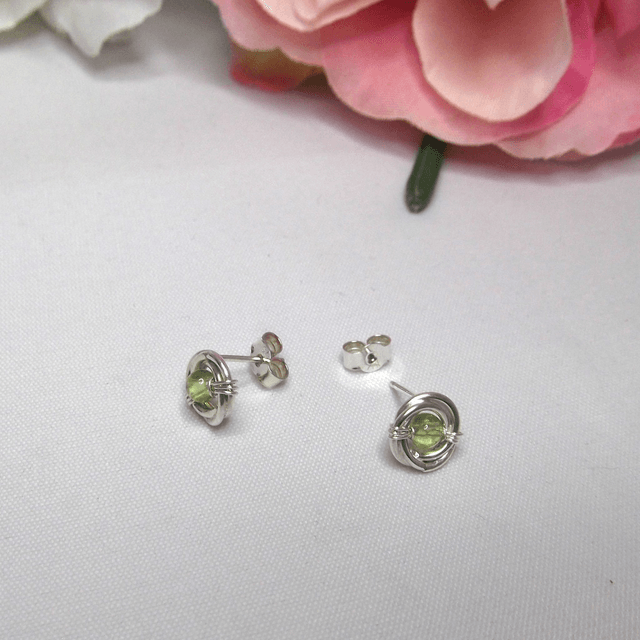 Peridot gemstone Russian wedding ring style stud earrings with recycled silver 