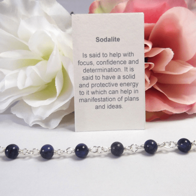 Sodalite gemstone bead bracelet with recycled silver wire wrapped links