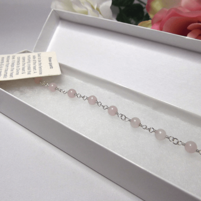 Rose quartz gemstone bead bracelet with recycled sterling silver wire wrapped links