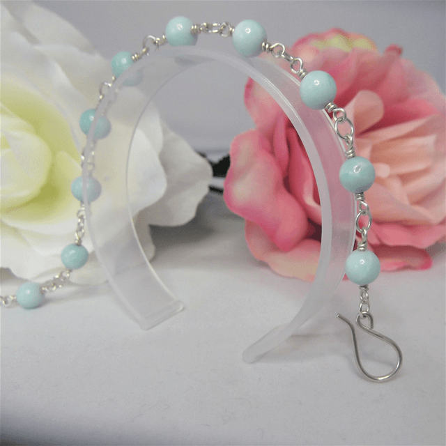 Amazonite gemstone bead bracelet with recycled silver wire wrapped links 