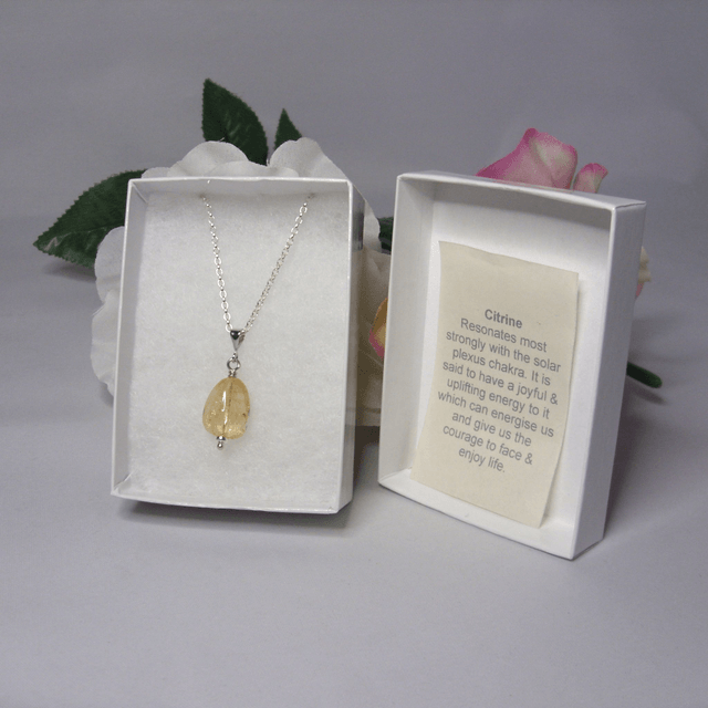 Citrine gemstone drop pendant necklace with recycled silver chain