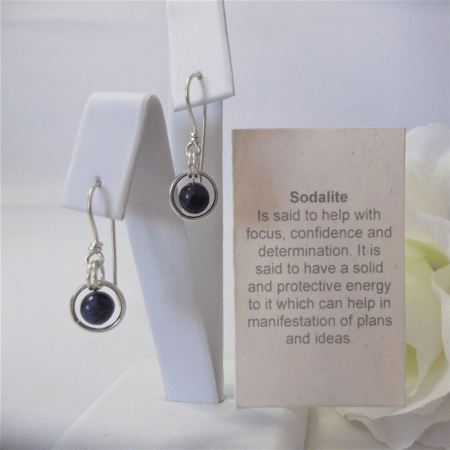 Sodalite gemstone dangle earrings with bead in a ring of recycled silver