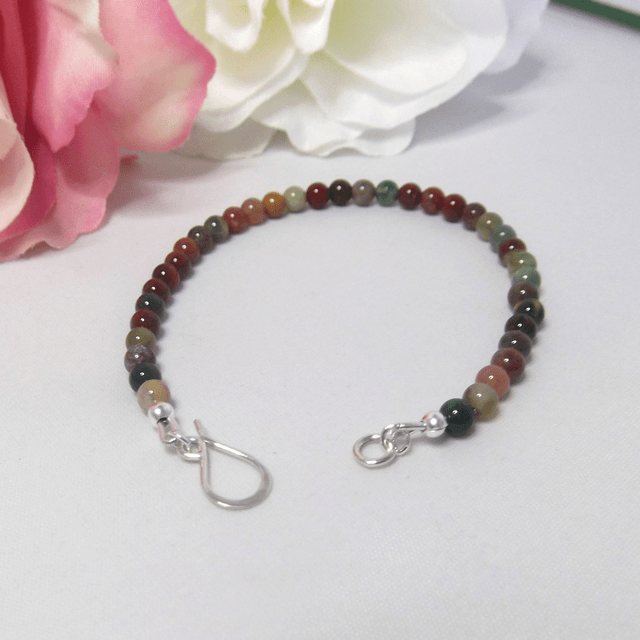 Fancy Jasper gemstone bracelet of small round beads with recycled sterling silver clasp