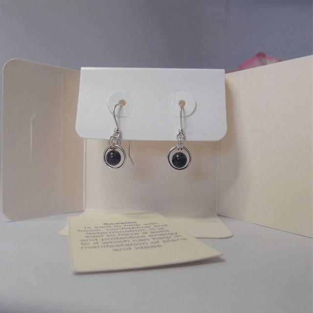 Sodalite gemstone dangle earrings with bead in a ring of recycled silver