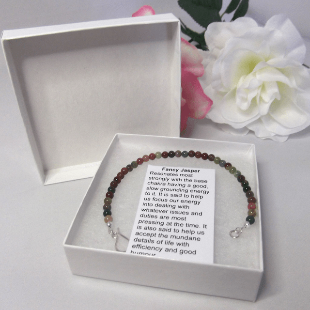 Fancy Jasper gemstone bracelet of small round beads with recycled sterling silver clasp
