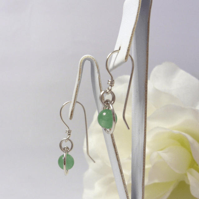 Green Aventurine gemstone dangle earrings with bead in a ring of recycled silver