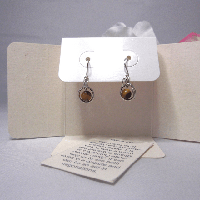 Golden Tigers eye gemstone dangle earrings with bead in a ring of recycled silver