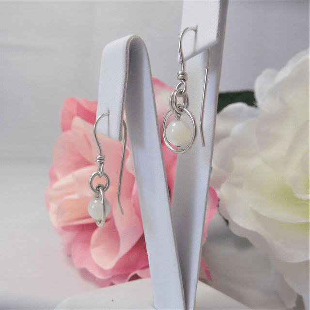 Mother of Pearl gemstone dangle earrings with bead in a ring of recycled silver