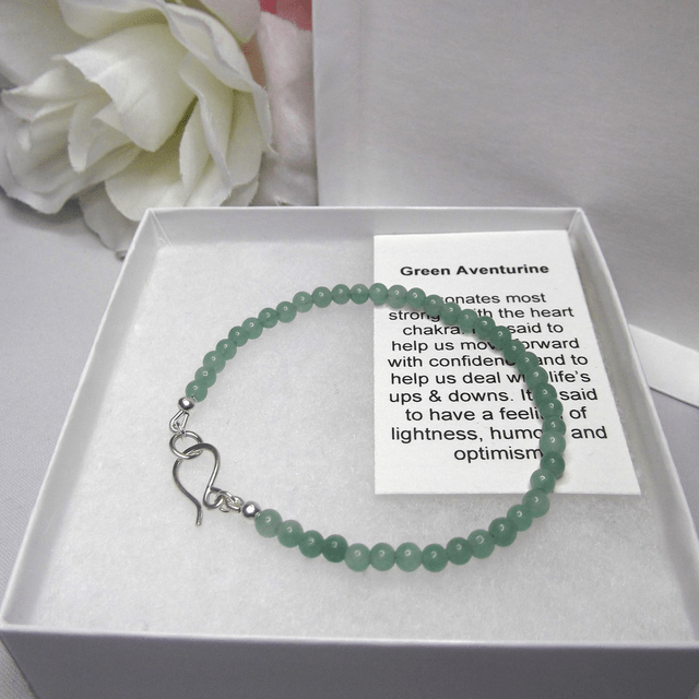 Green Aventurine gemstone bracelet of small round beads with recycled sterling silver clasp 