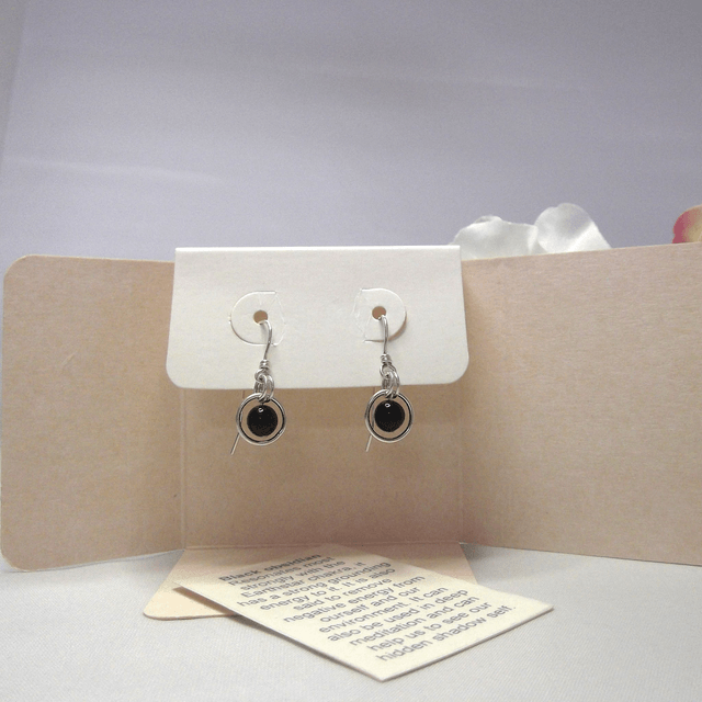 Black obsidian gemstone dangle earrings with bead in a ring of recycled sterling silver
