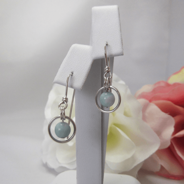 Amazonite gemstone dangle earrings bead in a ring of recycled sterling silver