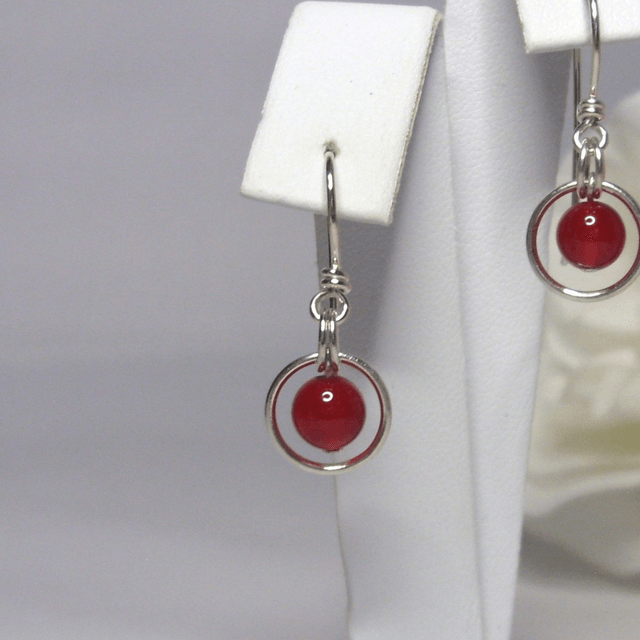 Carnelian gemstone dangle earrings with bead in a ring of recycled silver