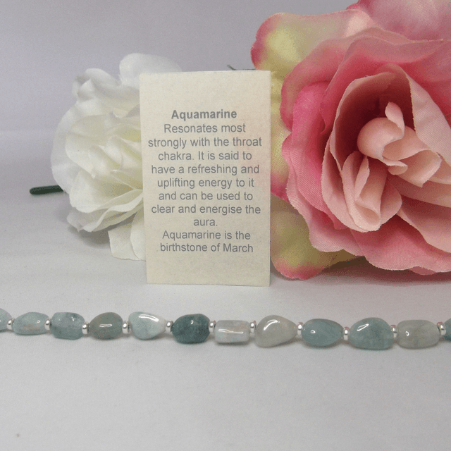 Aquamarine gemstone bead bracelet with small recycled silver spacer beads