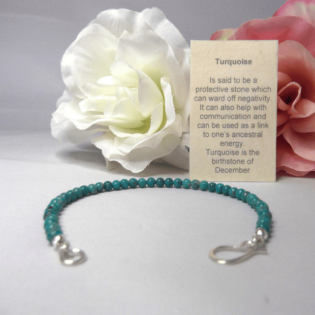 Turquoise gemstone bracelet of small round beads with recycled sterling silver clasp