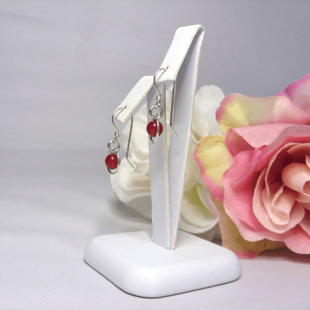 Carnelian gemstone dangle earrings with bead in a ring of recycled silver