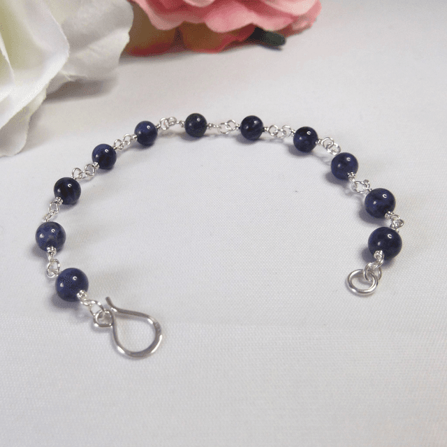 Sodalite gemstone bead bracelet with recycled silver wire wrapped links