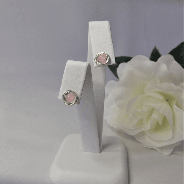 Rose quartz gemstone Russian wedding ring style stud earrings with recycled silver 