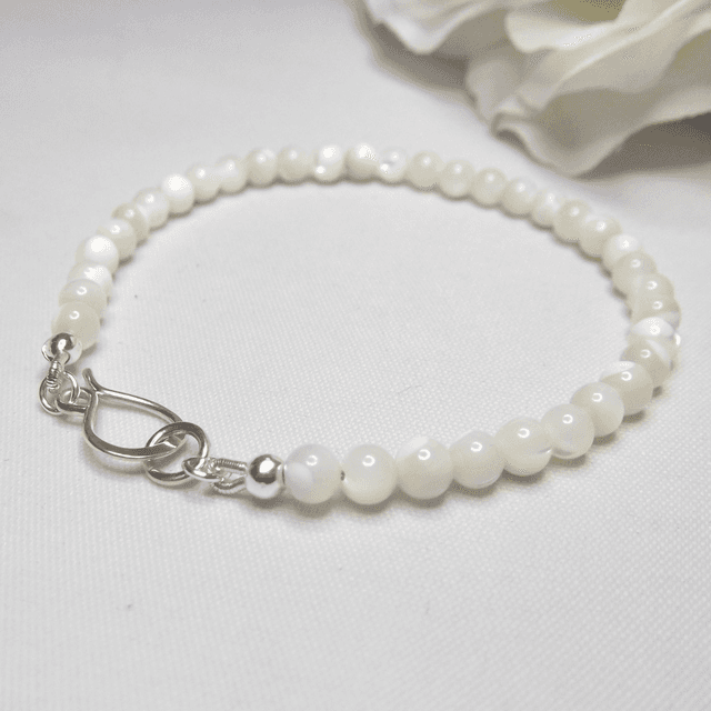 Mother of Pearl gemstone bracelet of small round beads with recycled sterling silver clasp 