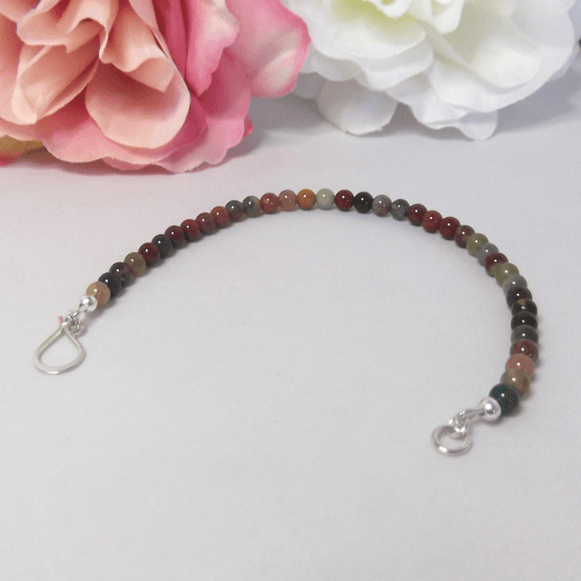 Fancy Jasper gemstone bracelet of small round beads with recycled sterling silver clasp