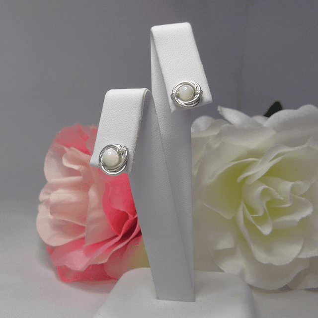 Mother of Pearl gemstone Russian wedding ring style stud earrings with recycled silver 