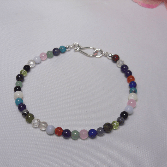 Mixed gemstone bracelet of small round beads with recycled sterling silver clasp